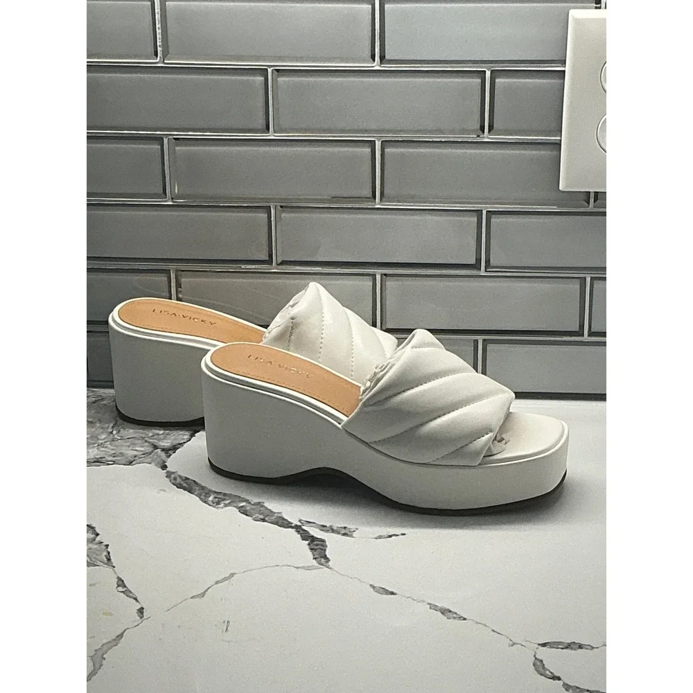 Lisa Vicky LEAD-V White Sheep Nappa Wedge Platform Slide Sandals Women's Size7.5